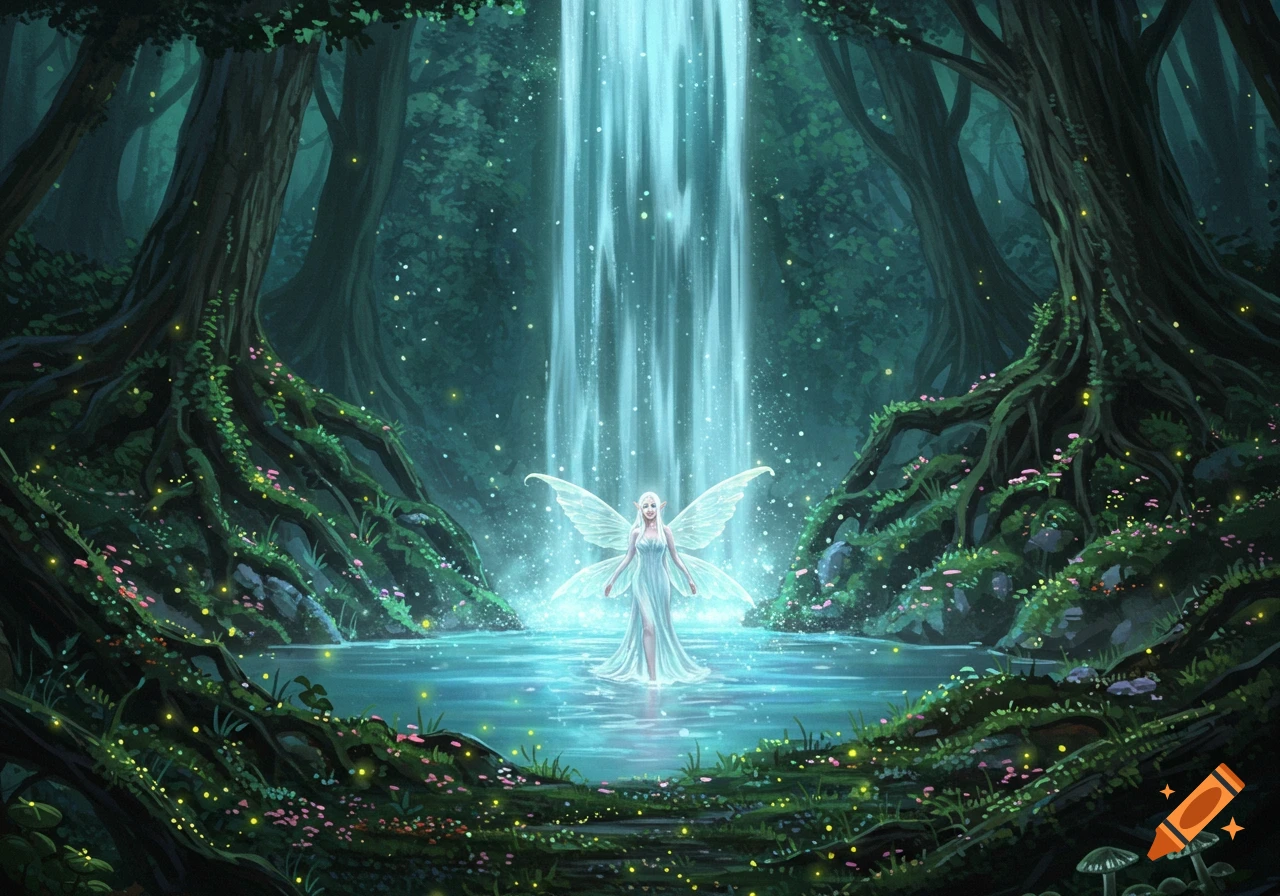 A luminous fairy with large wings stands in a magical pool under a glowing waterfall in a lush, dark fantasy forest.