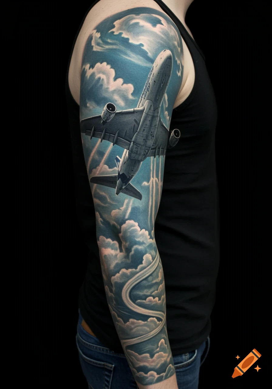 A detailed forearm sleeve tattoo featuring a large passenger airplane flying through a blue sky with white clouds.