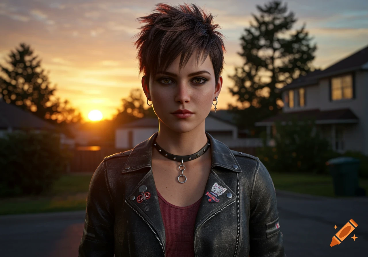 A photorealistic portrait of a young woman with short, spiky brown hair, wearing a black leather jacket and a studded choker, standing outdoors at sunset.