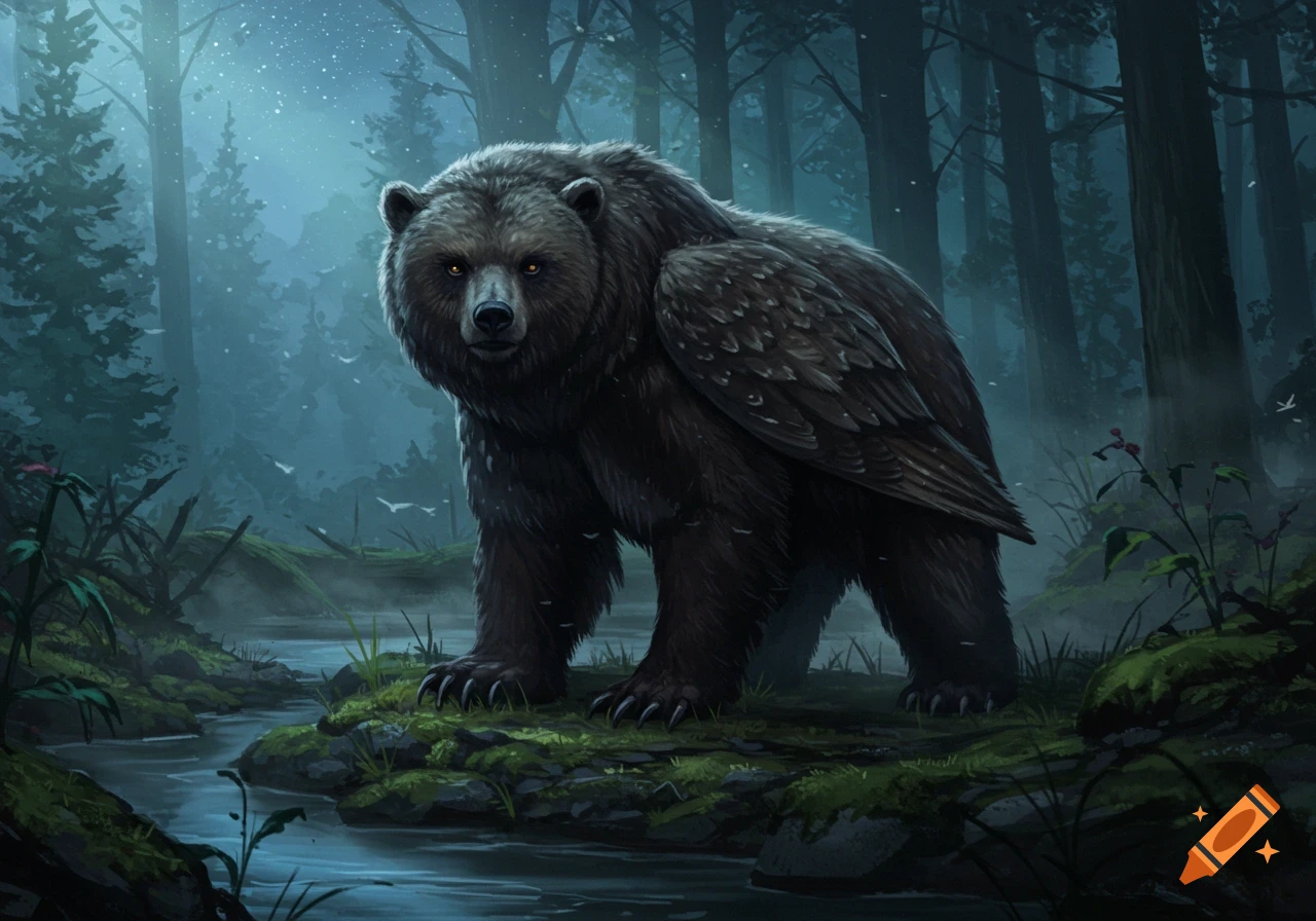 A large brown owlbear with glowing eyes stands on mossy rocks beside a stream in a dark, misty forest.