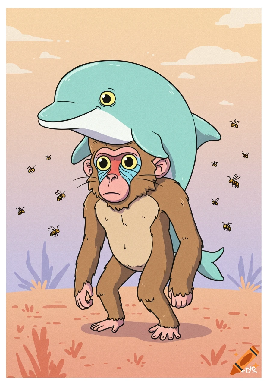 Cartoon illustration of a baboon carrying a dolphin on its head, surrounded by bees, in a stylized outdoor setting.