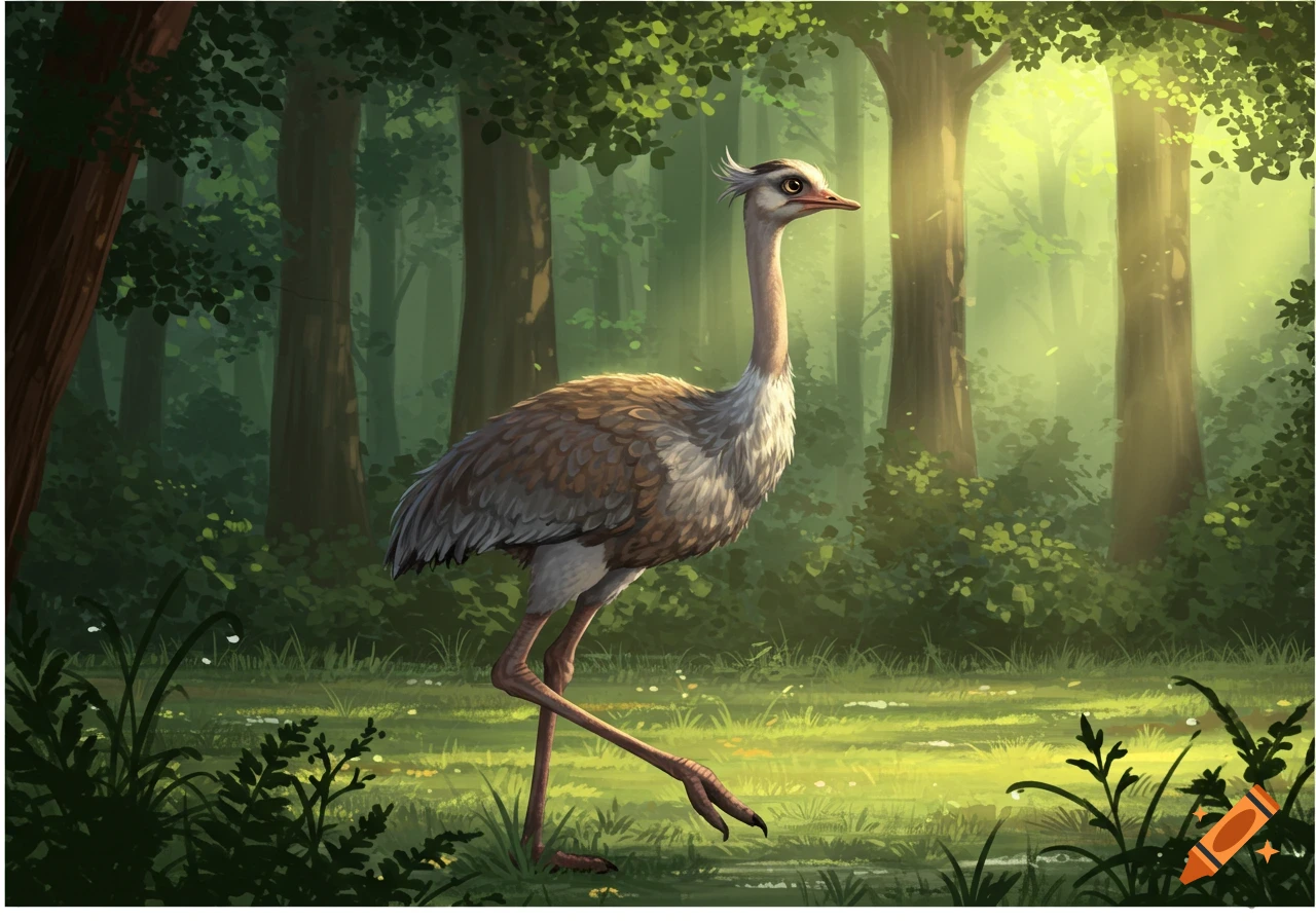 An ostrich with a long neck and brown feathers stands in a lush green forest, bathed in sunlight.