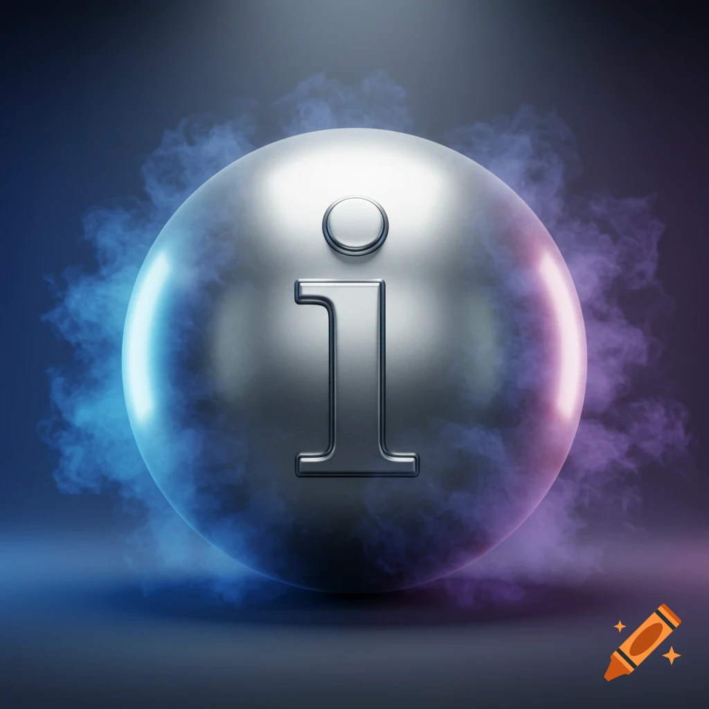 A metallic sphere with a prominent lowercase 'i' symbol, enveloped in ethereal blue and purple smoke.