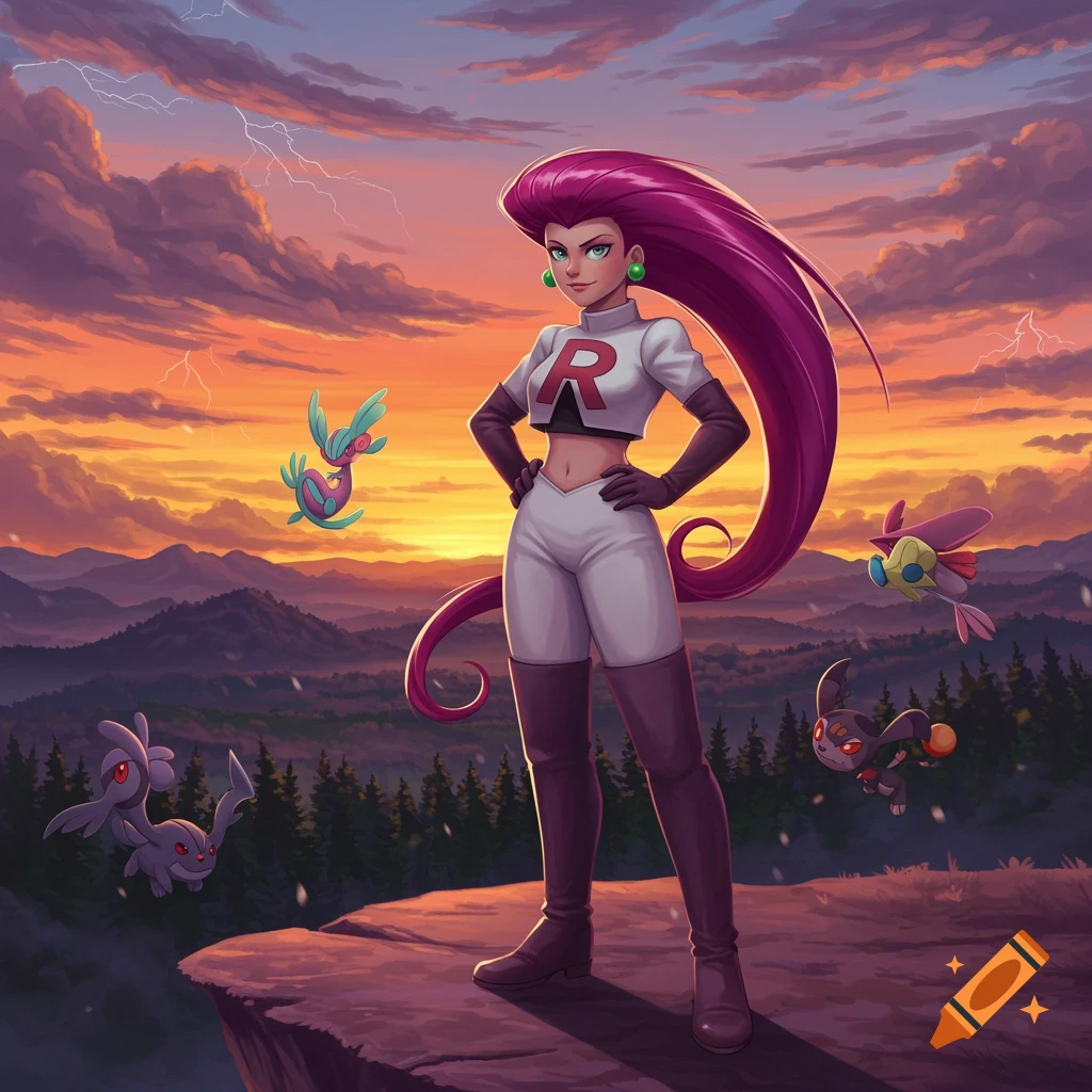 Jessie from Team Rocket stands on a cliff at sunset with mountains and lightning in the background, surrounded by Pokémon.
