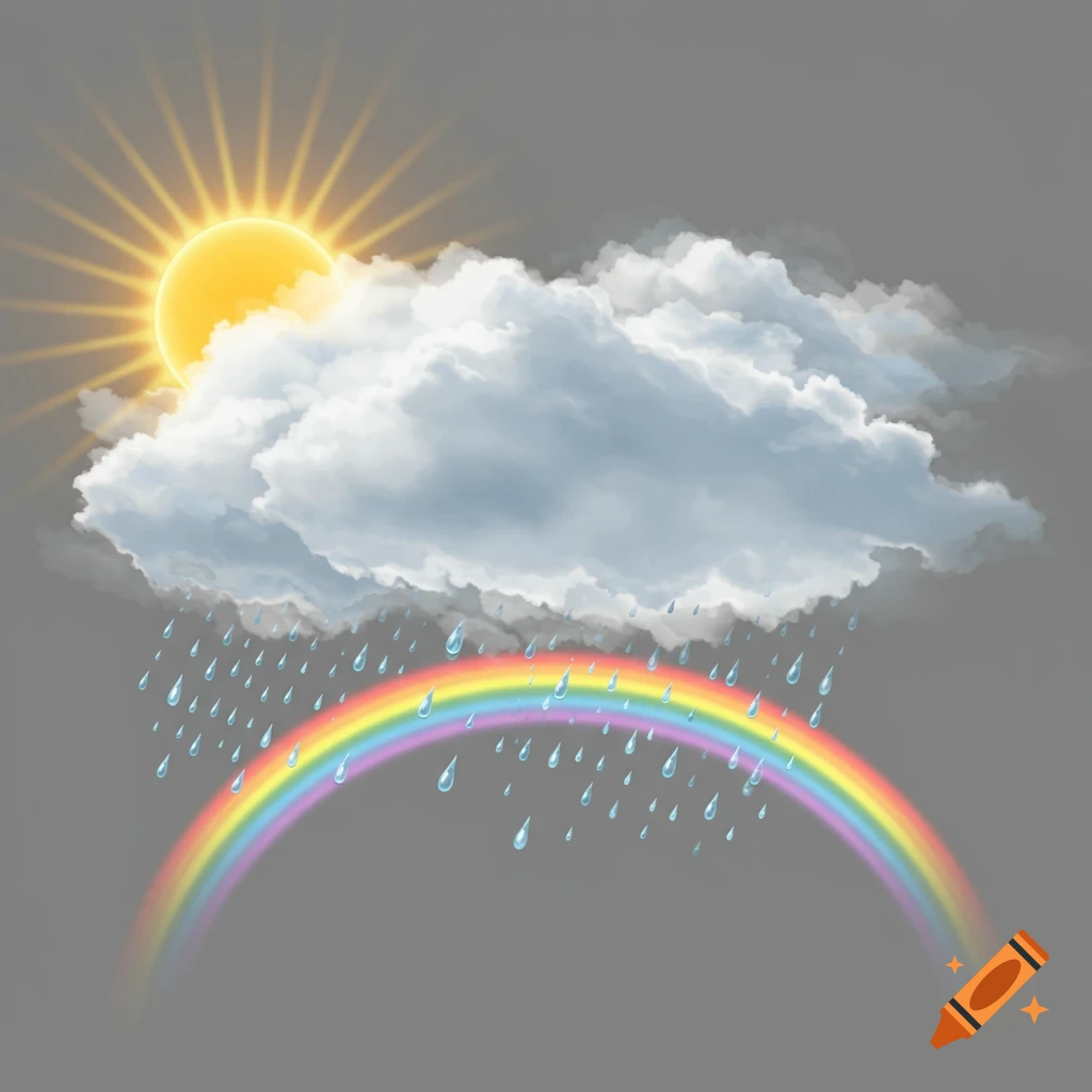 A stylized icon showing a bright yellow sun, a white cloud, blue raindrops falling, and a colorful rainbow arching.