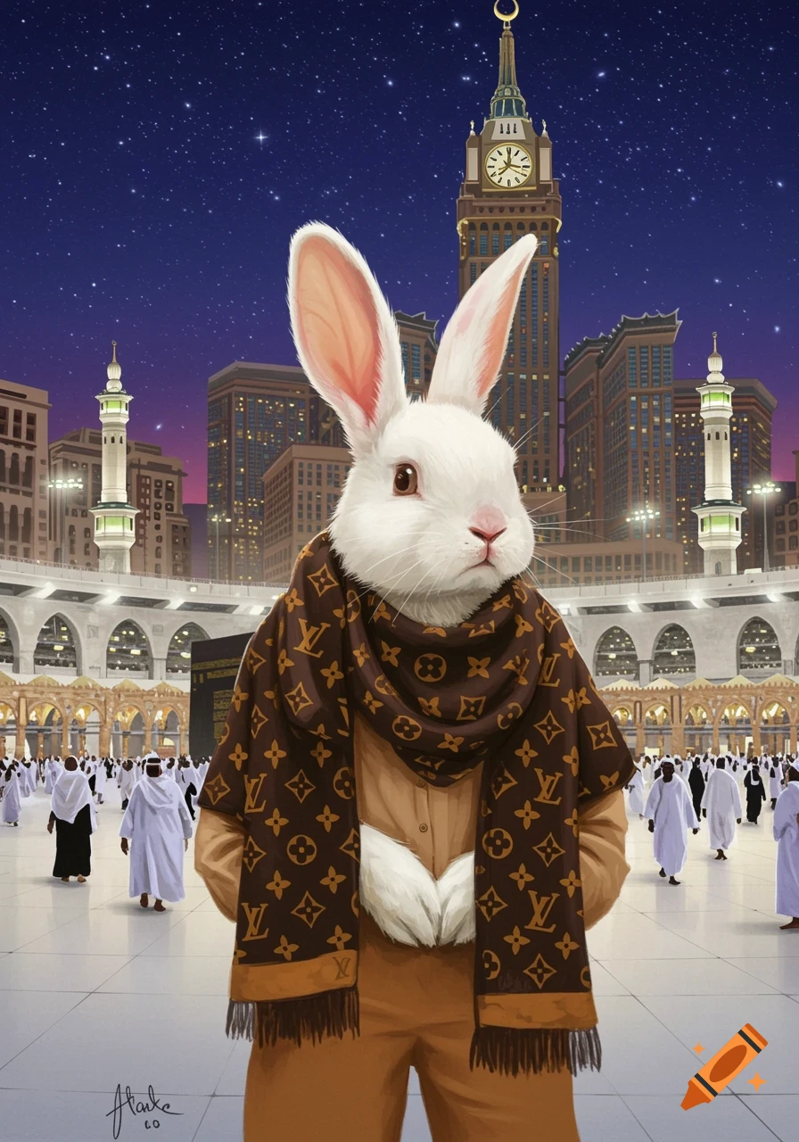 A fluffy white rabbit wearing a brown shirt and a Louis Vuitton patterned scarf stands in the foreground of the Grand Mosque in Mecca at night, with the Abraj Al-Bait clock tower in the background.