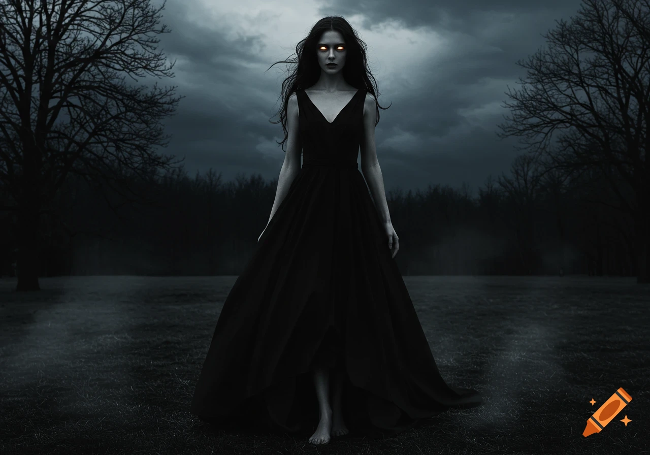 A dark haired woman in a black dress with glowing eyes stands barefoot in a foggy, dark field under a stormy sky.