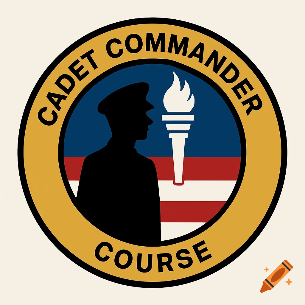 A circular military-style emblem with a golden border, featuring a black silhouette of a cadet and a white torch against a blue and red-striped background. Text reads 'CADET COMMANDER COURSE'.