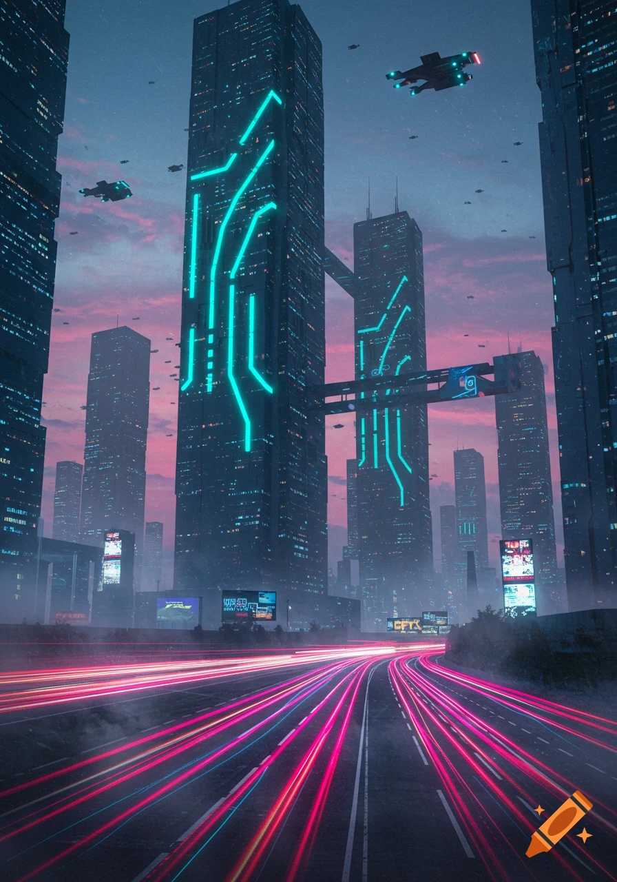 A vibrant cyberpunk city skyline at dusk with neon-lit skyscrapers, light trails on a highway, and flying vehicles.