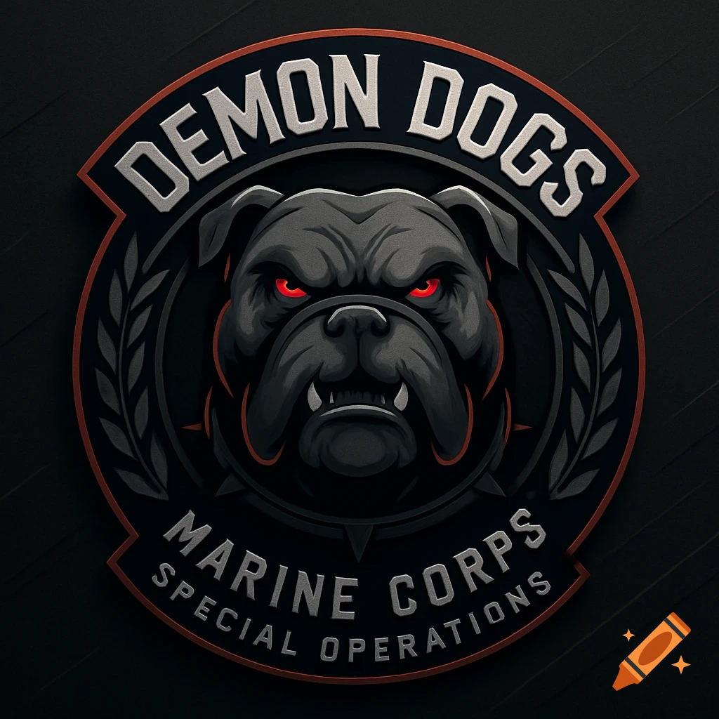 A black and red logo featuring an angry bulldog head with glowing red eyes, framed by text 'DEMON DOGS' and 'MARINE CORPS SPECIAL OPERATIONS'.