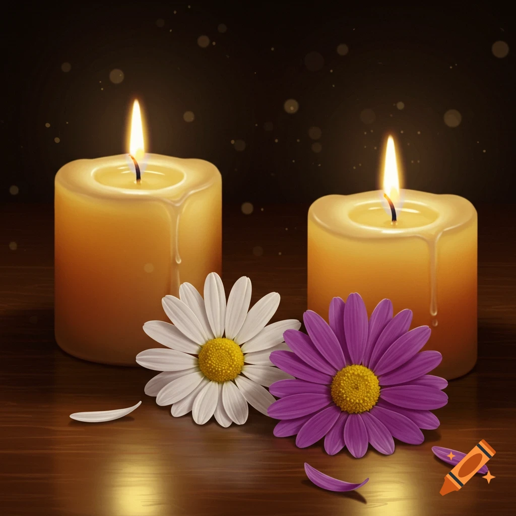 Two lit candles and two flowers, one white and one purple, on a wooden surface in a warm, dark setting.