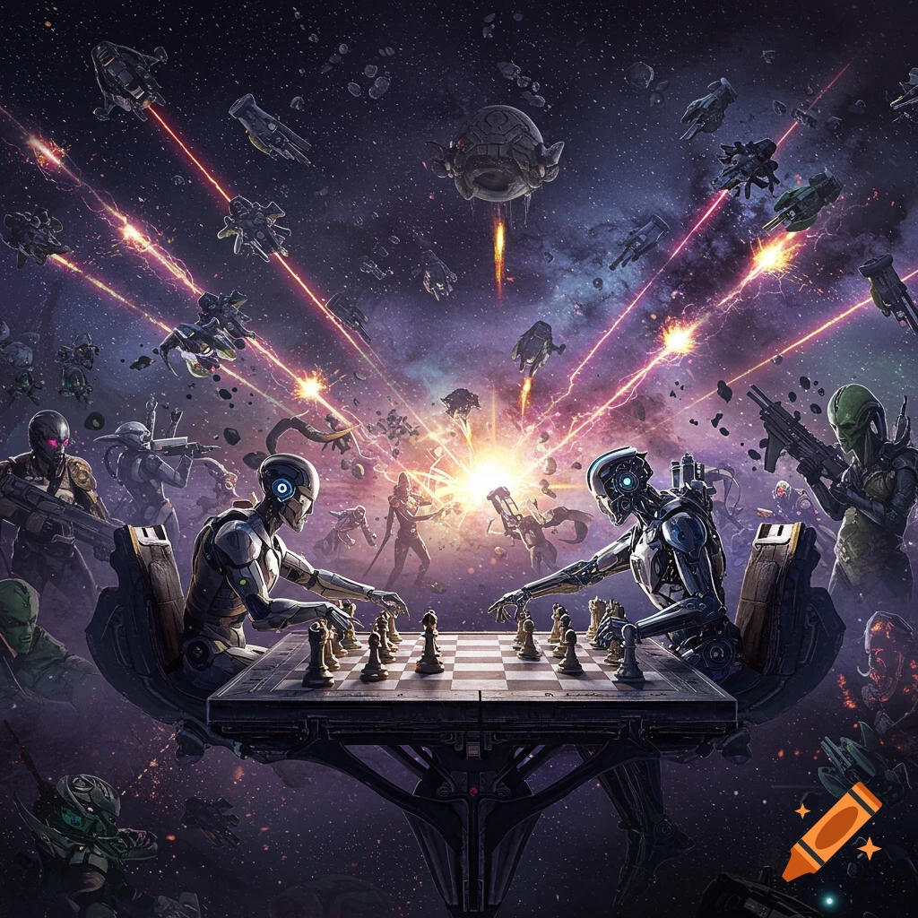 Robots play chess amidst an epic intergalactic battle with aliens and spaceships in the cosmos.