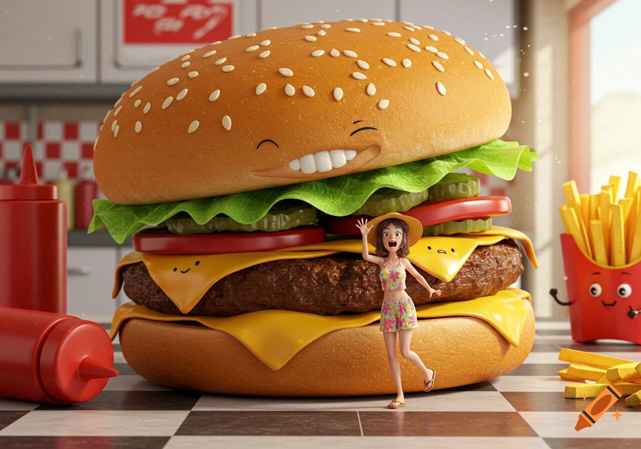A giant smiling cartoon hamburger with a small girl in a swimsuit standing in front of it, in a diner scene with cartoon fries and ketchup bottles.