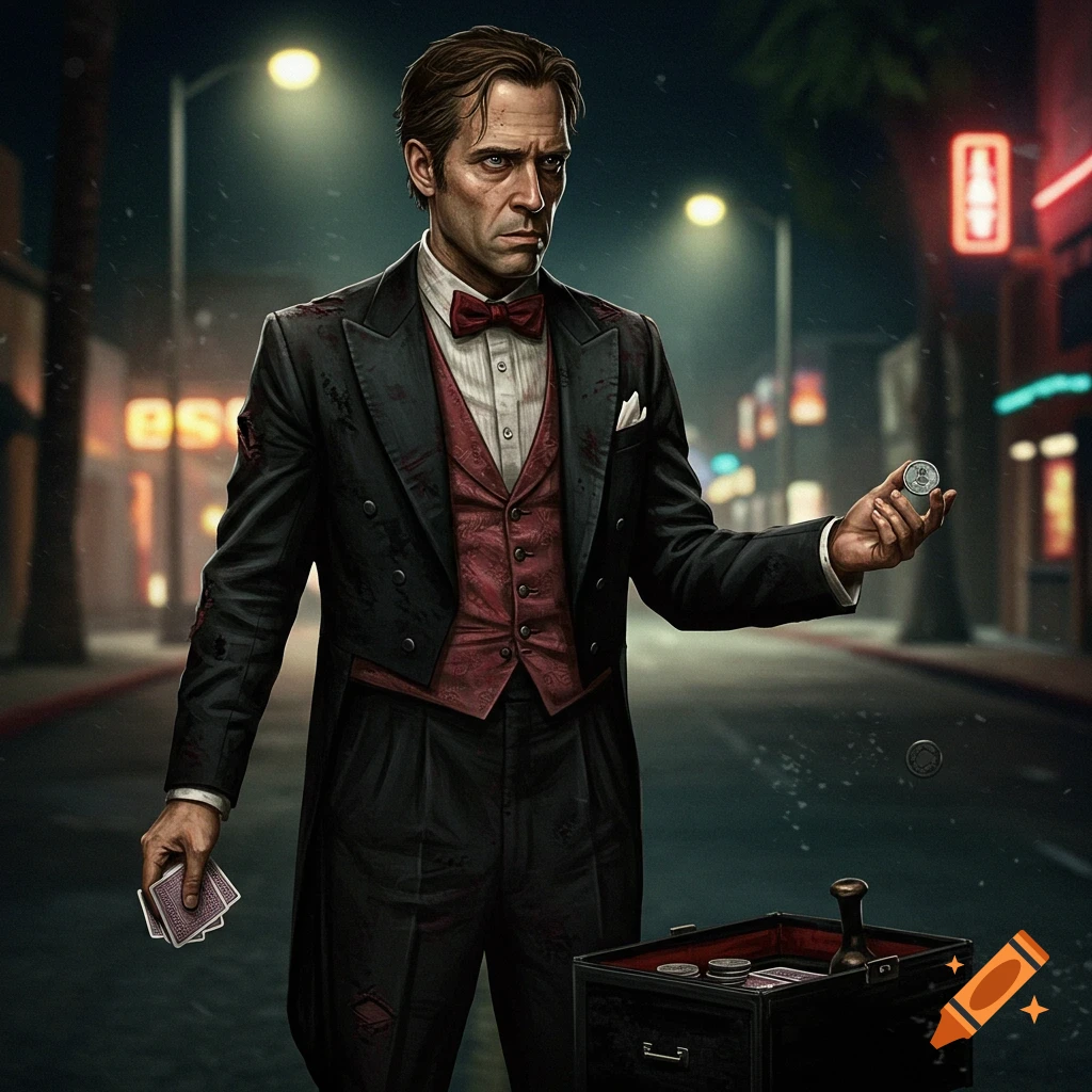 A weary man in a shabby tuxedo stands on a dimly lit street at night, holding a deck of cards and a coin. Cinematic digital art.