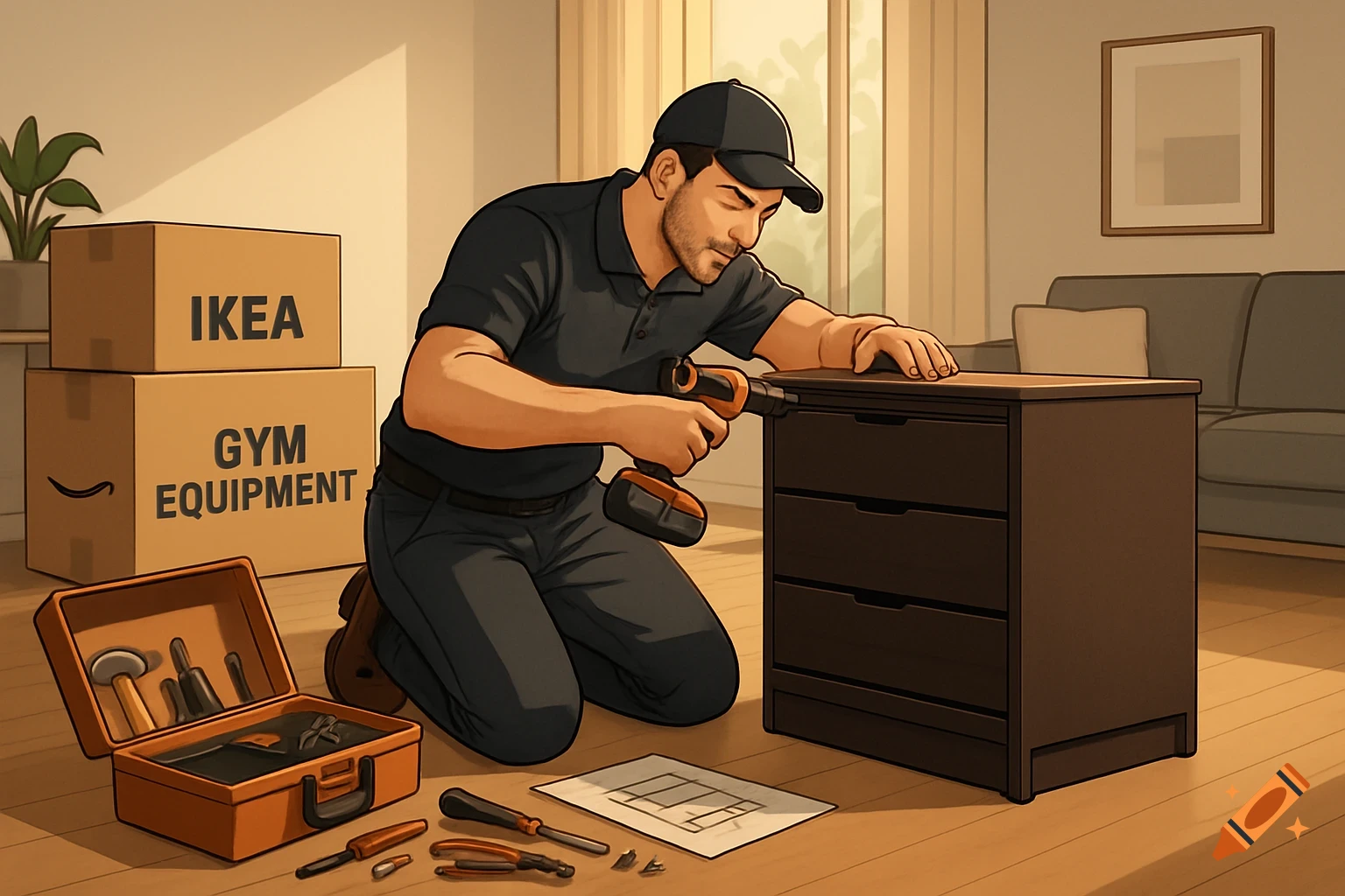 A stylized illustration shows a man assembling a brown dresser with a power drill. He kneels on the floor surrounded by tools and boxes, one labeled 'IKEA' and another 'GYM EQUIPMENT'.