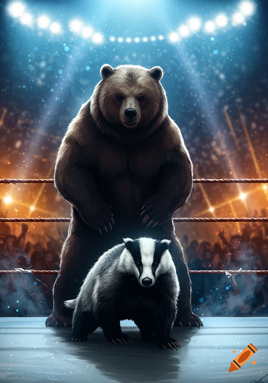 A powerful brown bear stands behind a badger in a wrestling ring under bright spotlights, in an illustrative style.