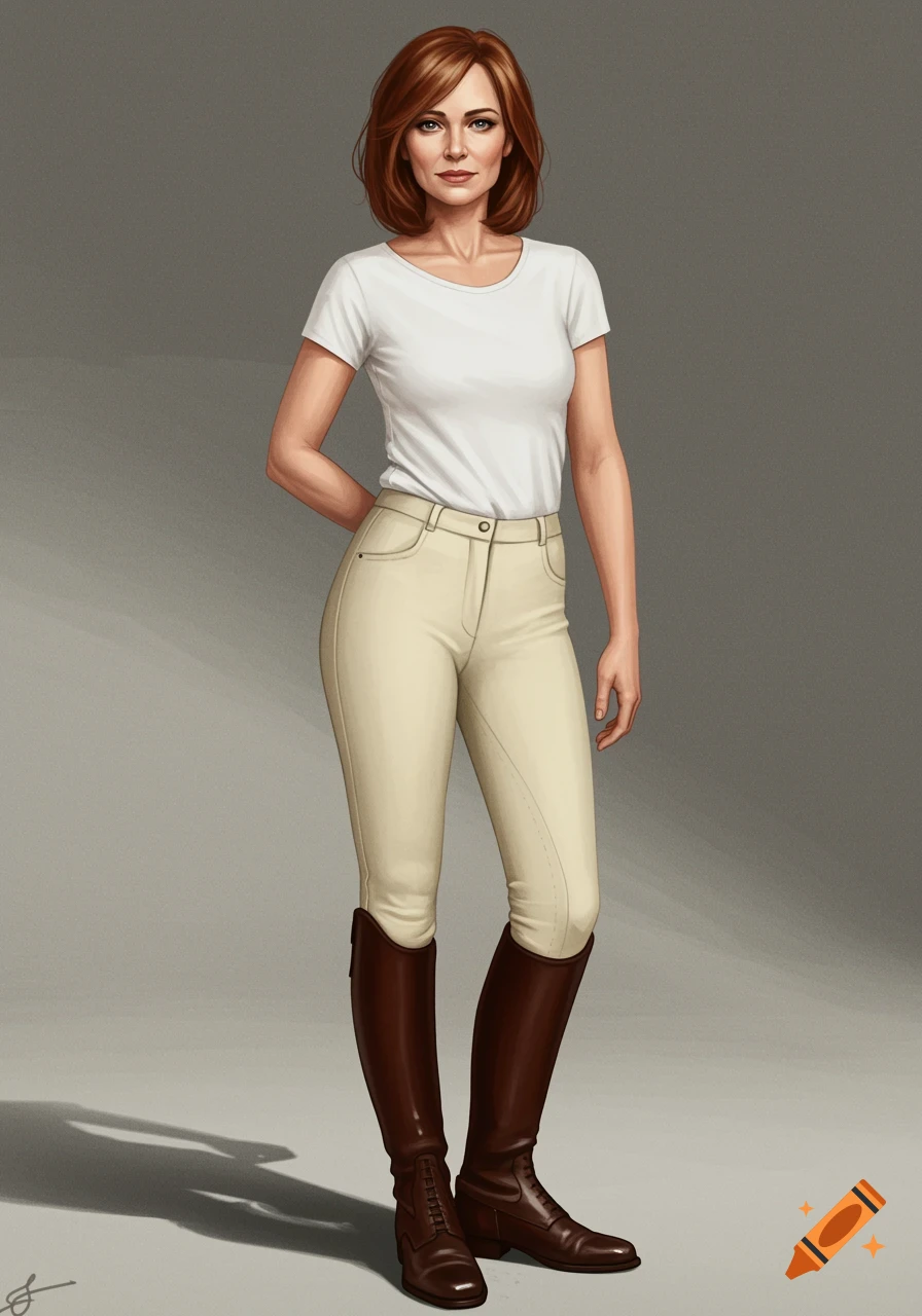A middle-aged woman with auburn hair in a white t-shirt, cream jodhpurs, and brown riding boots stands against a plain background.