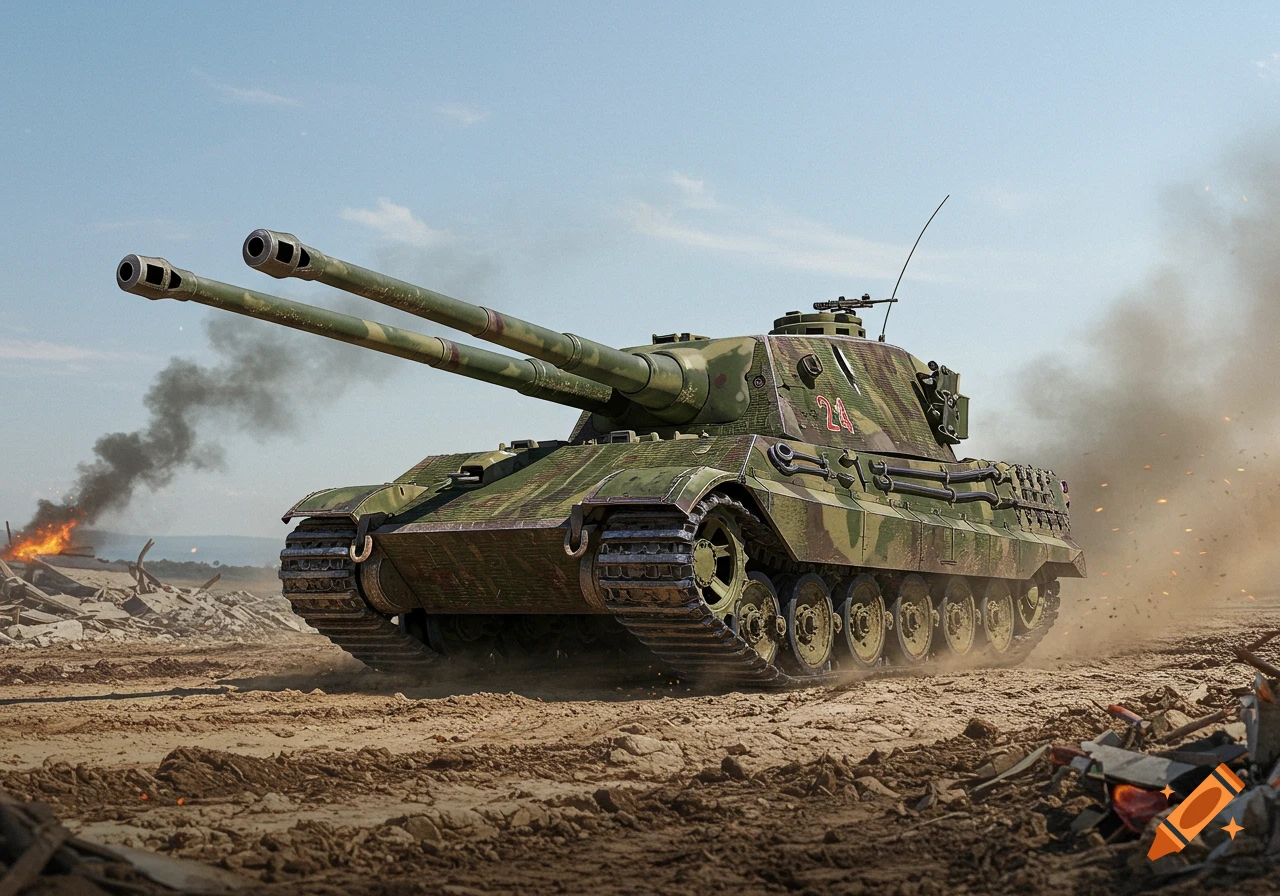 A large, green camouflage tank with two long barrels drives across a dirt battlefield with smoke and fire in the background.