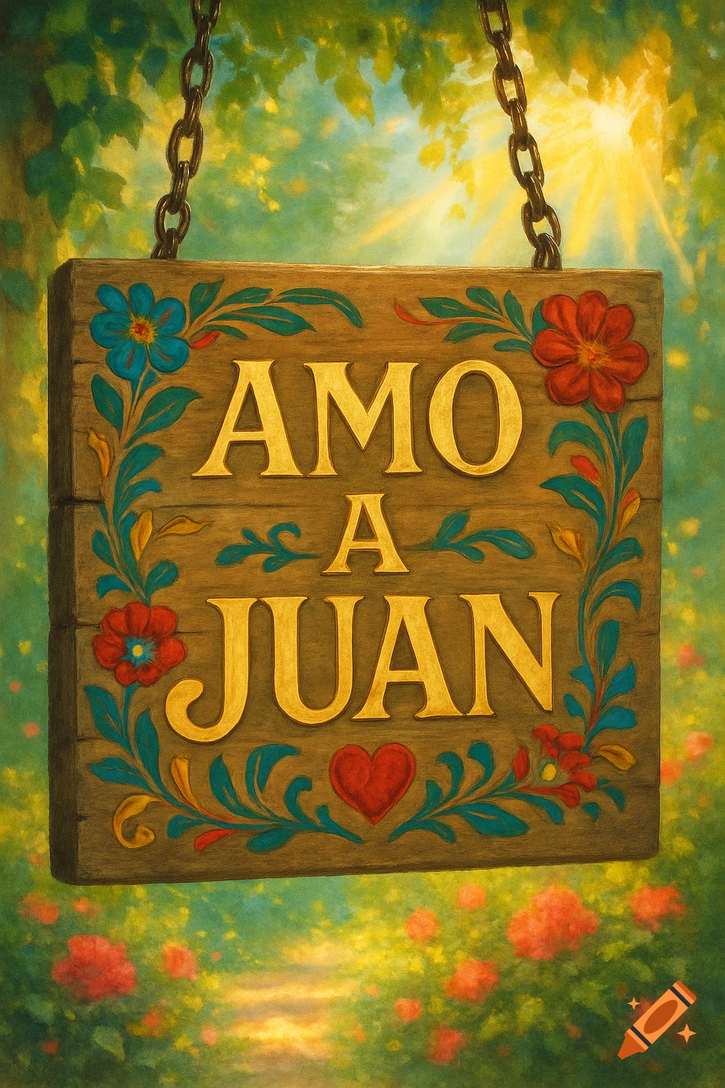 A rustic wooden sign adorned with golden lettering spelling "AMO A JUAN" and colorful floral designs hangs from chains in a vibrant, sunlit garden setting.