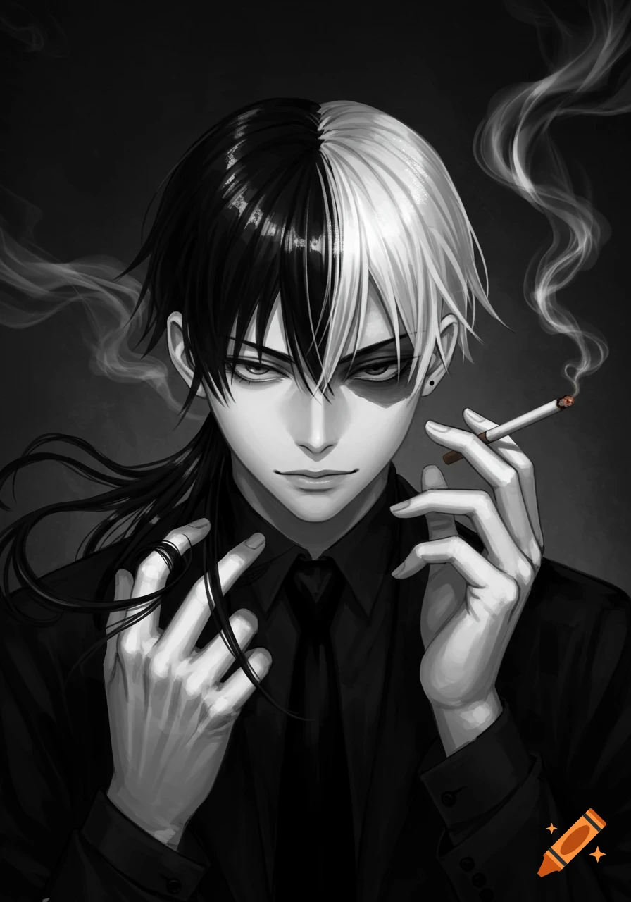 Monochrome anime portrait of a man with split black and white hair, smoking a cigarette, with one hand scrunching his hair.
