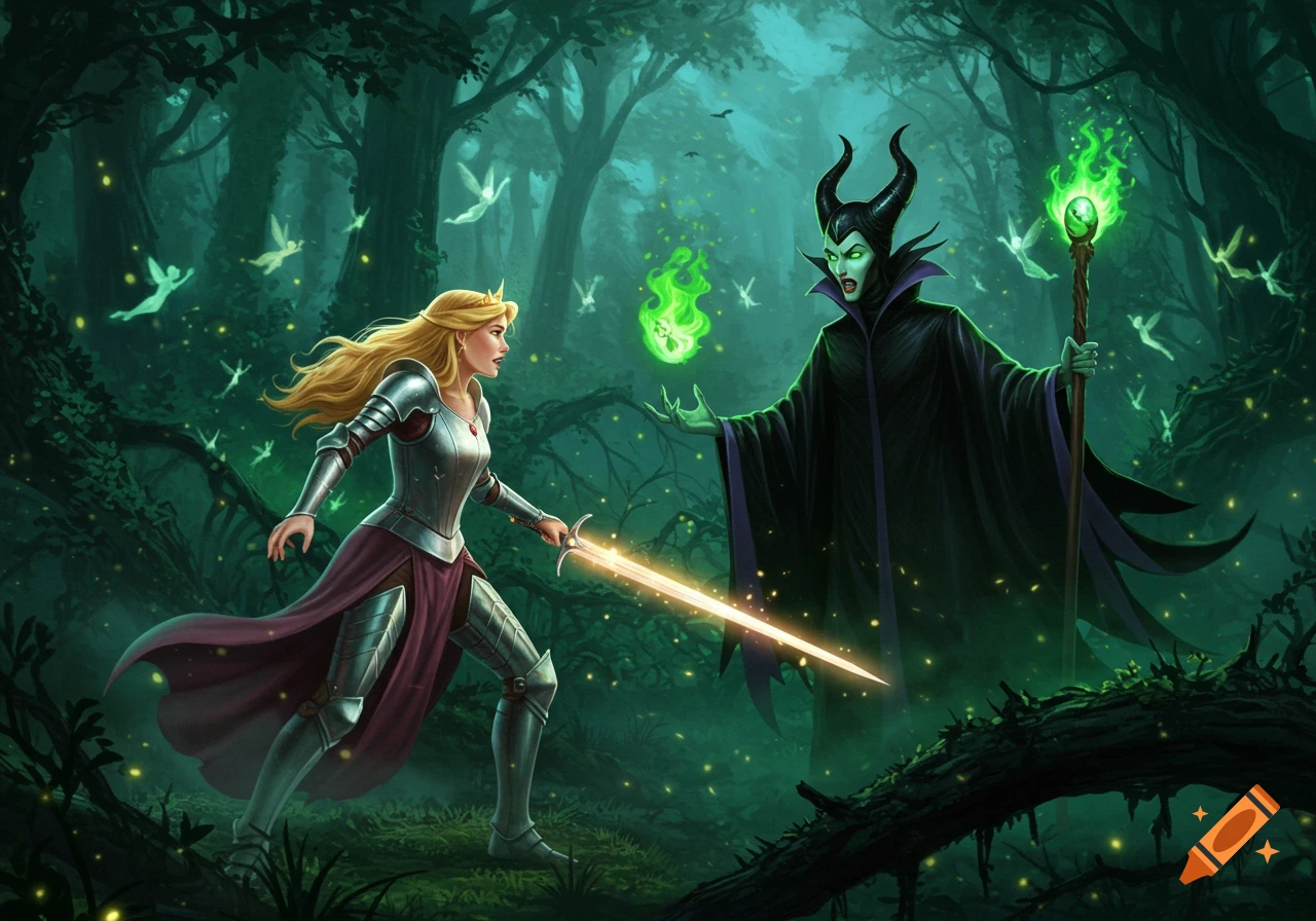Sleeping Beauty in armor with a sword faces Maleficent, who casts a green spell in a dark, magical forest with glowing fairies, digital art.