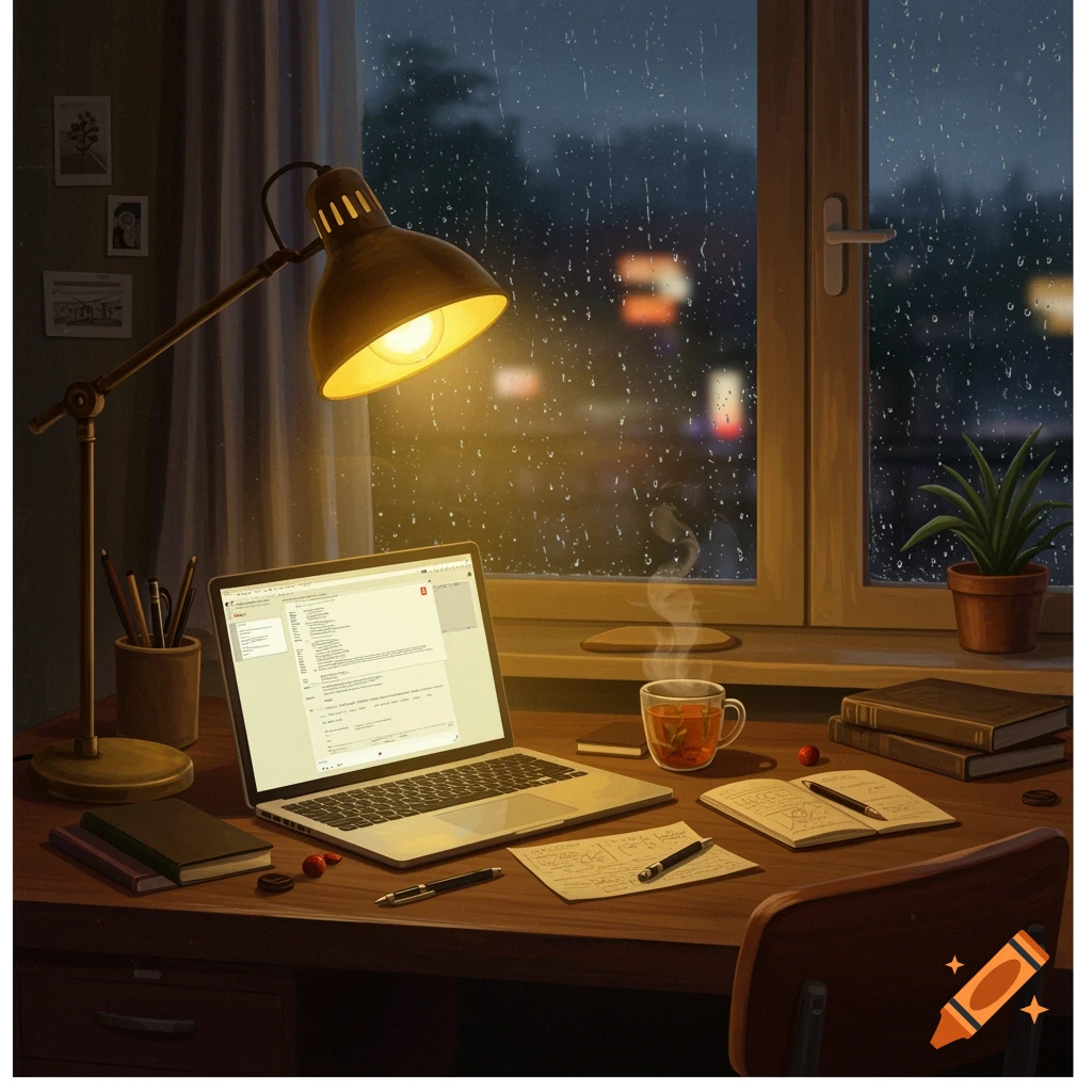 A cozy workspace with a laptop, illuminated lamp, books, and a steamy cup of tea on a desk, next to a window with rain outside.