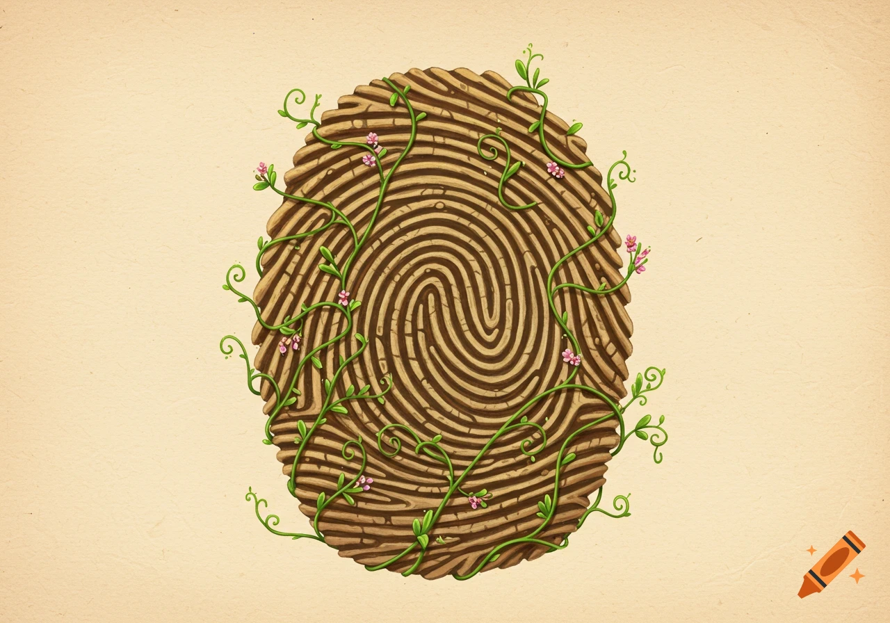 A stylized fingerprint made of intertwining green vines with small pink flowers, set against a light brown, textured background.