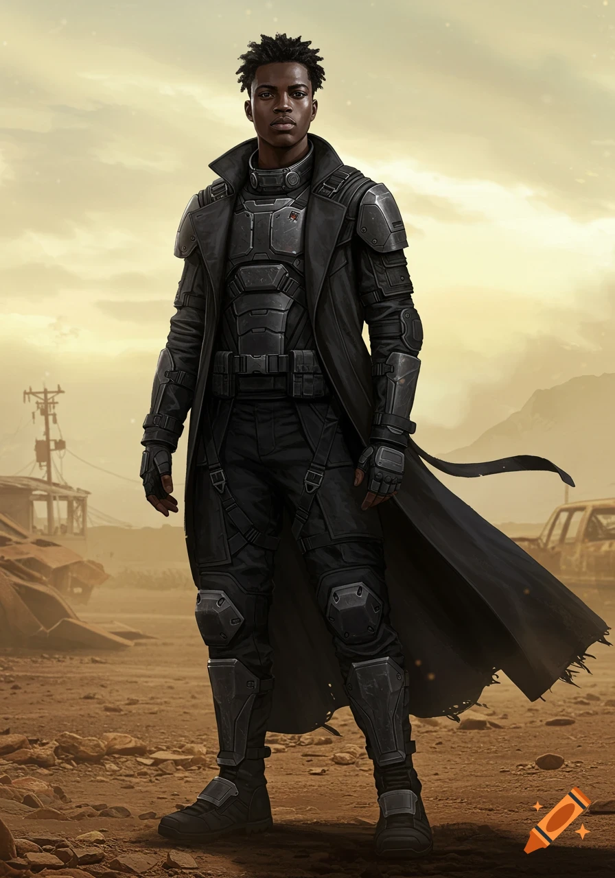 A young Black man with dreadlocks wears a black tactical coat and armor in a desolate wasteland setting.
