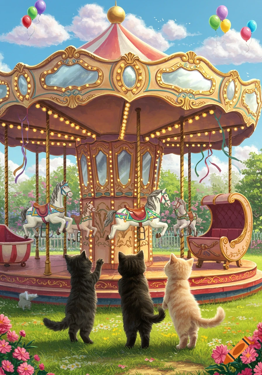 Three kittens watch a brightly lit carousel with horses and a carriage in a whimsical park with flowers and balloons under a sunny sky.