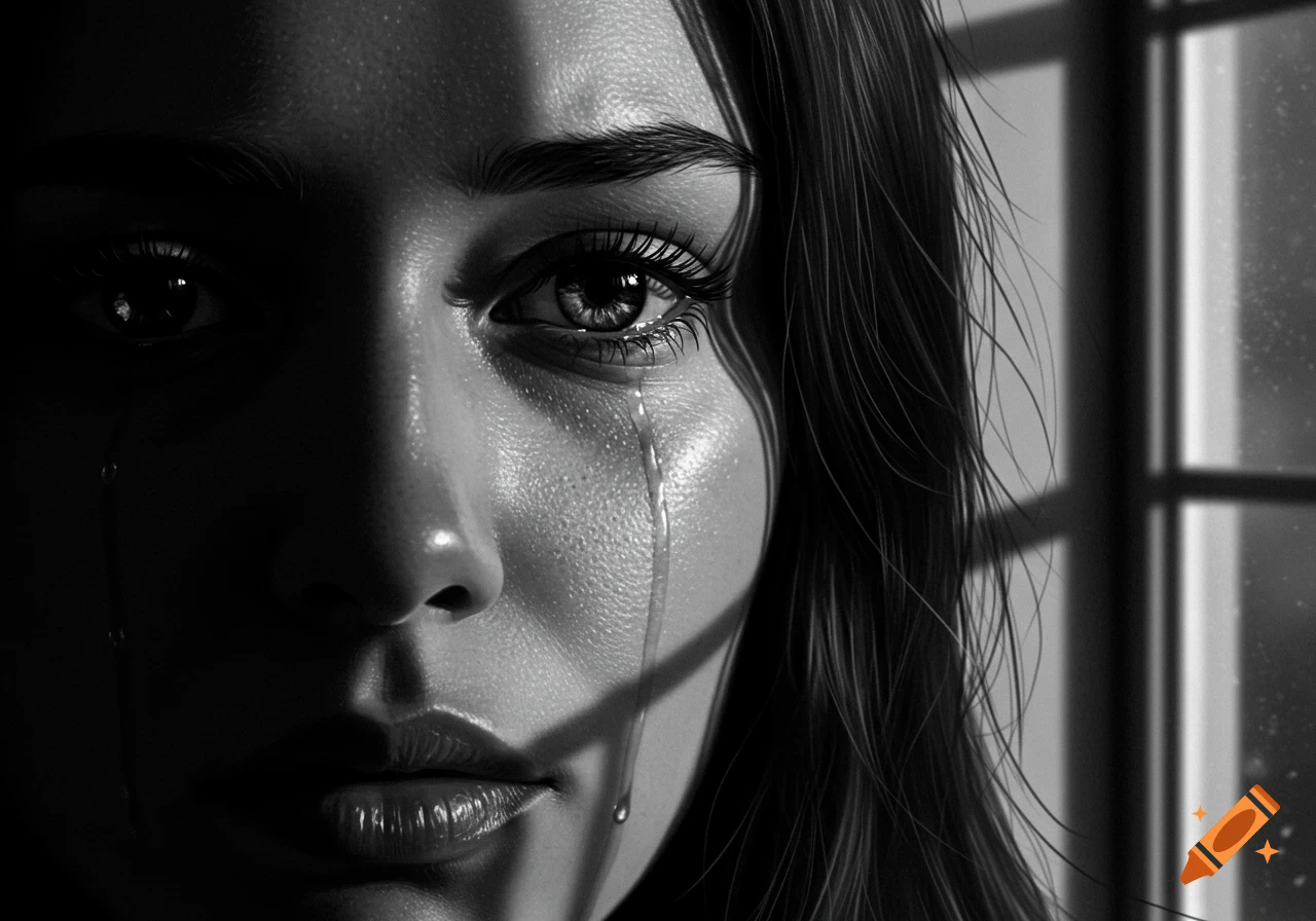 Close-up black and white portrait of a woman with a large tear streaming down her cheek, with shadowy window blinds reflected on her face.