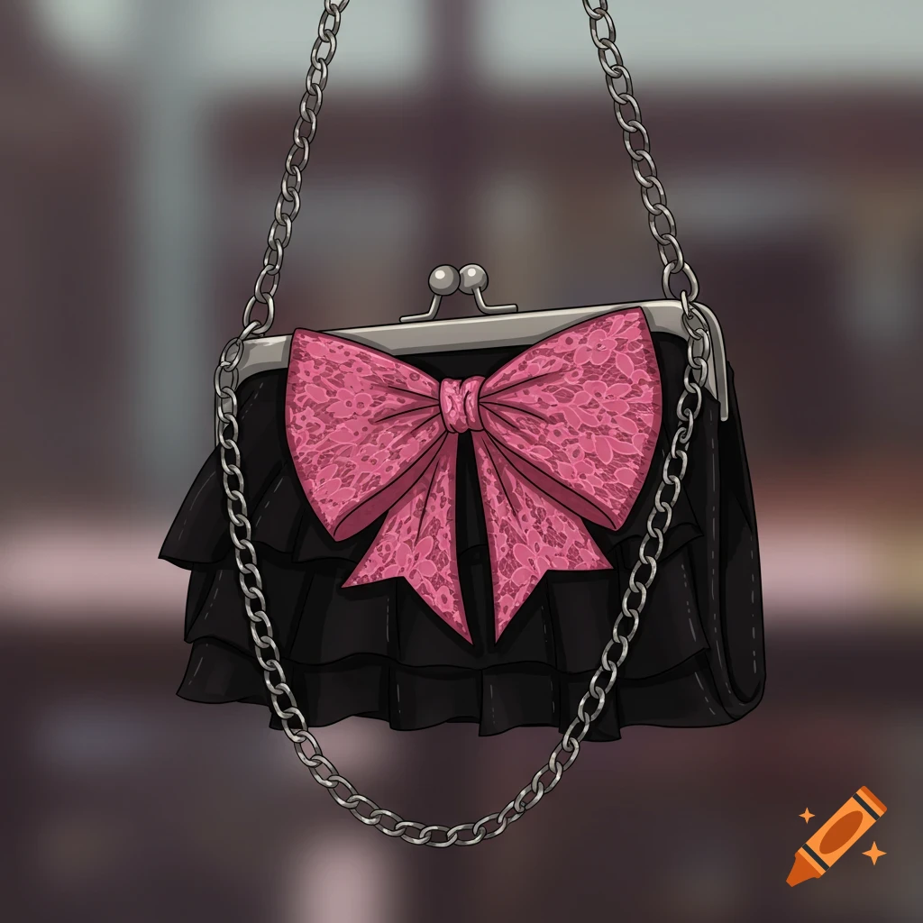 A black ruffled handbag with a large pink lace bow and a silver chain strap, in a stylized illustration.