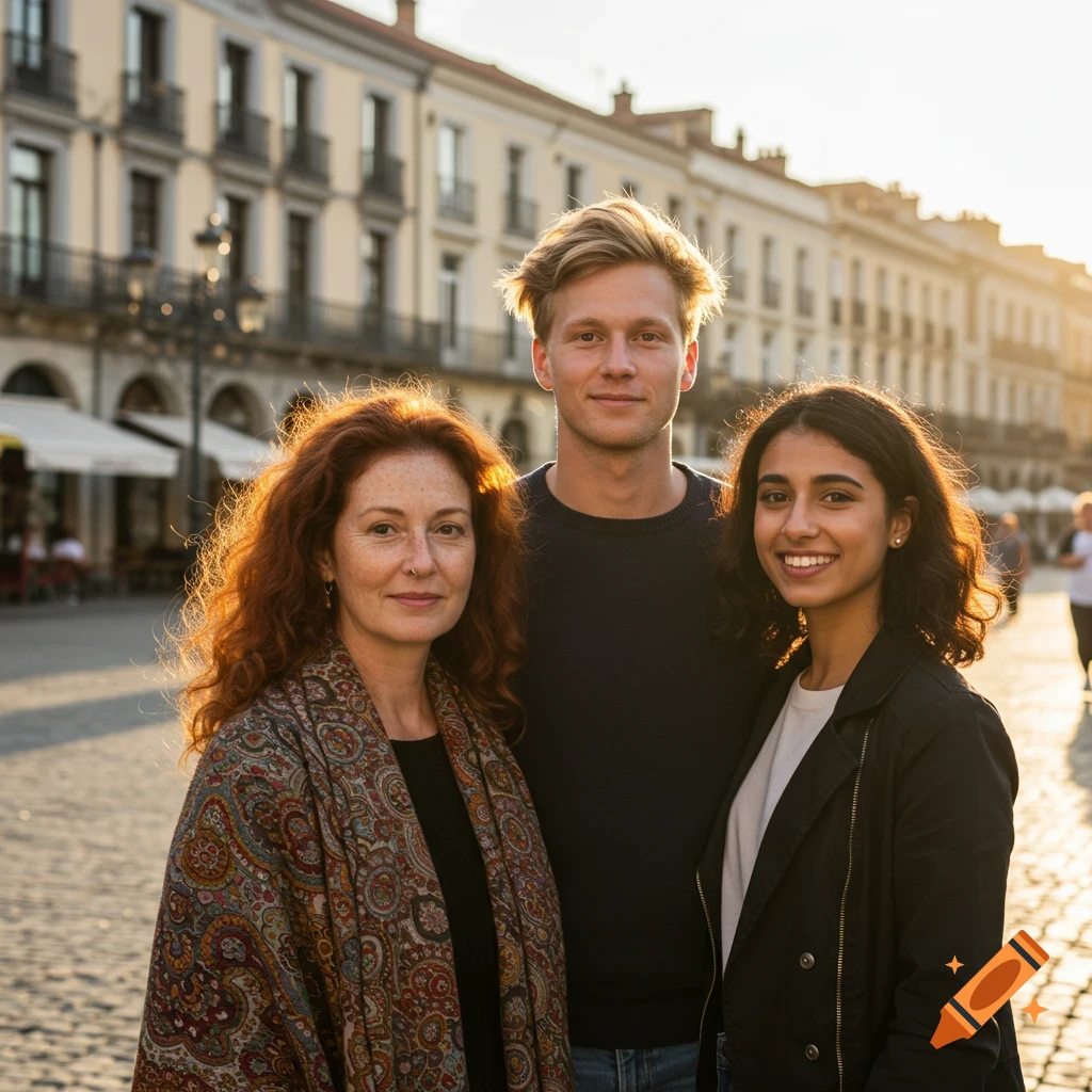 Three adults, two women and one man, stand together in a sunny European city street.