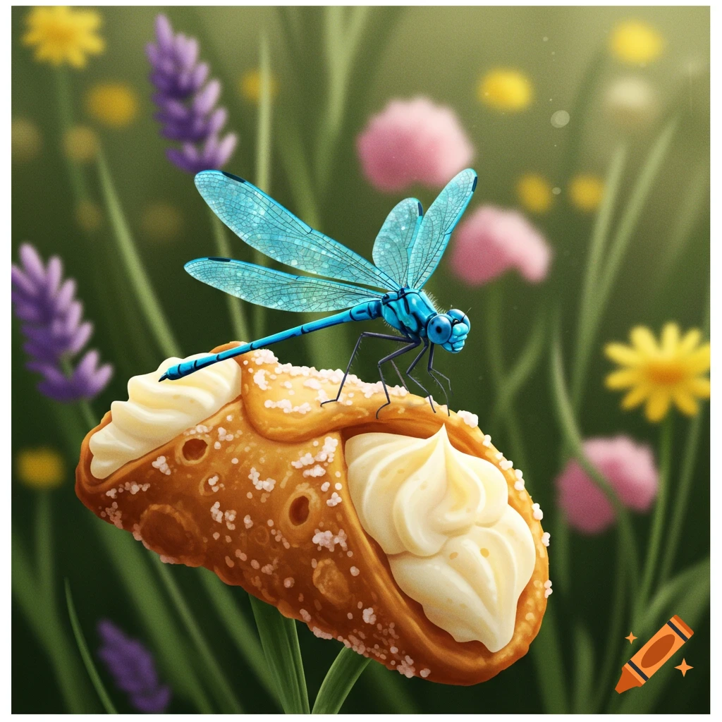 A vibrant blue dragonfly rests on a cream-filled cannoli in a soft-focus field of green grass and colorful flowers, in an illustrative style.