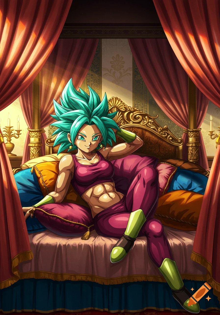 Anime character Kefla with spiky green hair, lies on a luxurious four-poster bed. She wears a magenta sports bra and pants, showing toned abs.