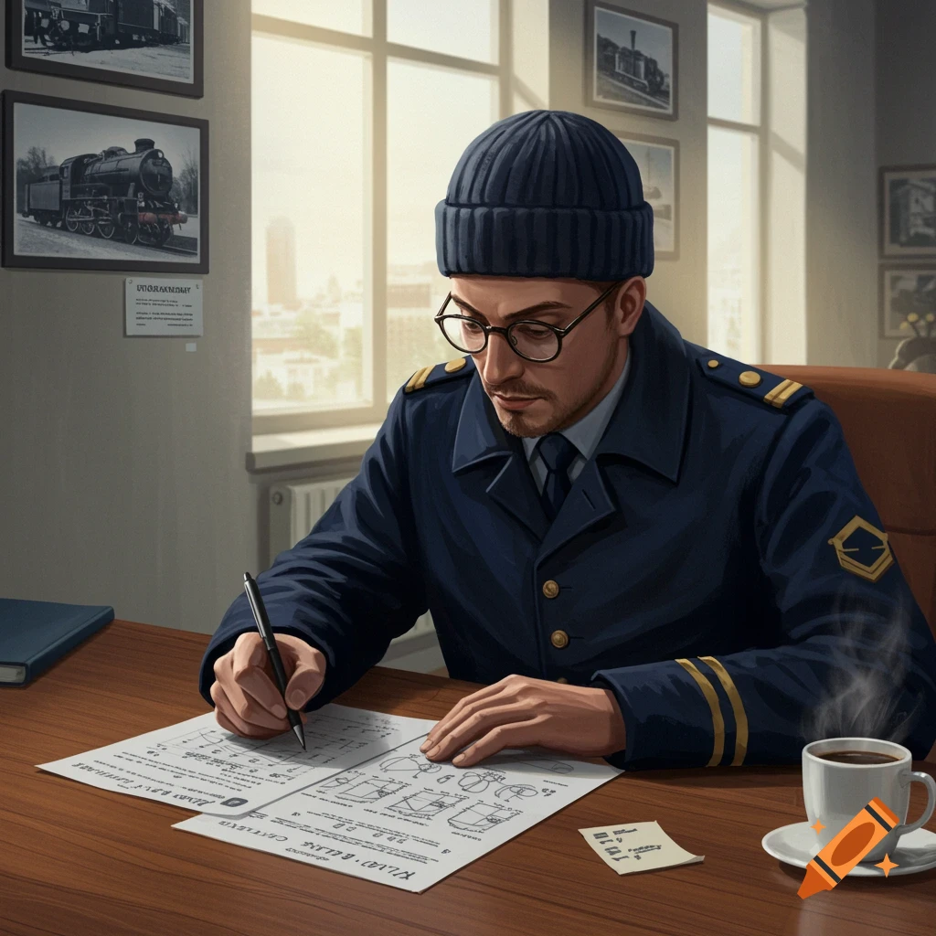 A man in a blue uniform and a wool hat, wearing glasses, sits at a desk, writing on papers. Train pictures hang on the wall behind him.
