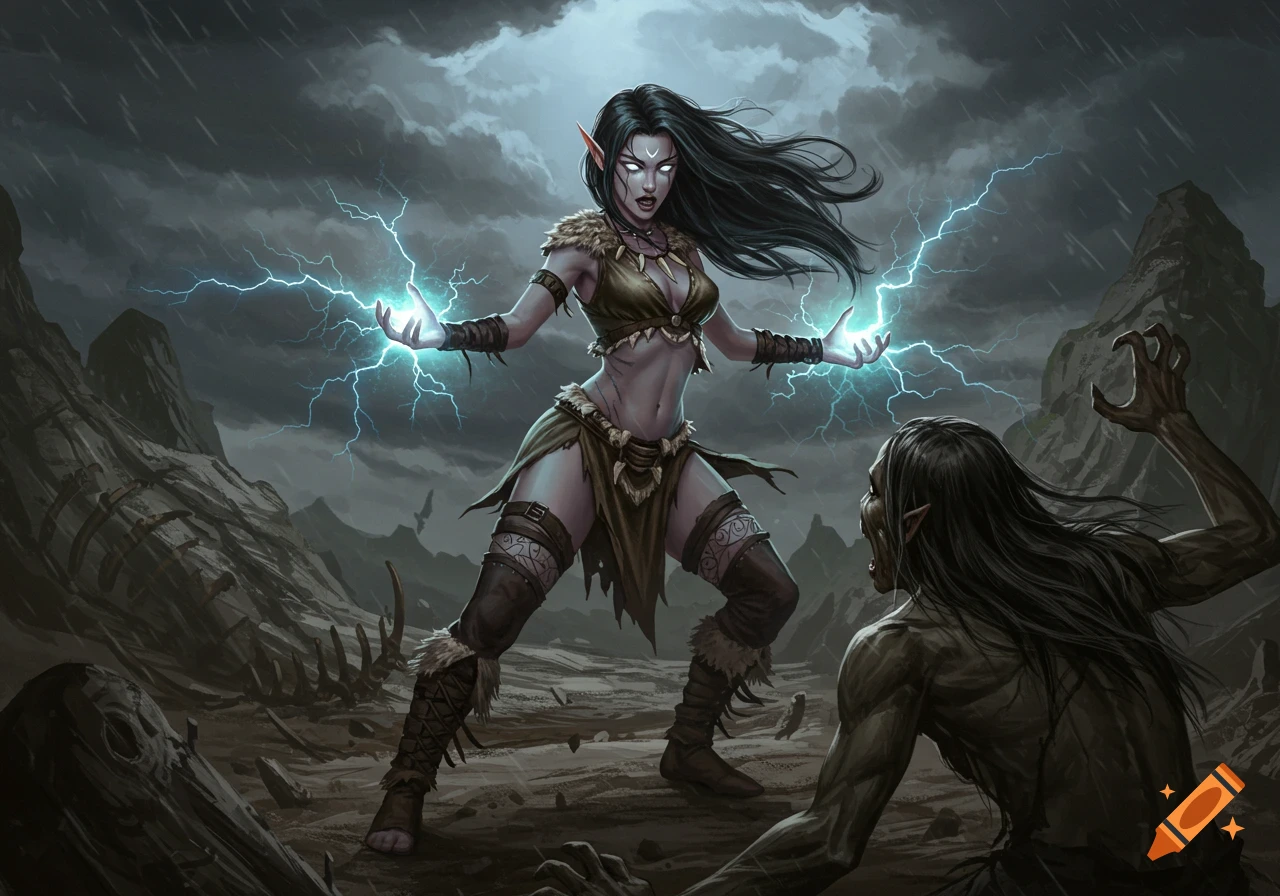 A dark-haired elf sorceress in tribal attire wields lightning against a monstrous hag under a stormy sky in a fantasy art style.