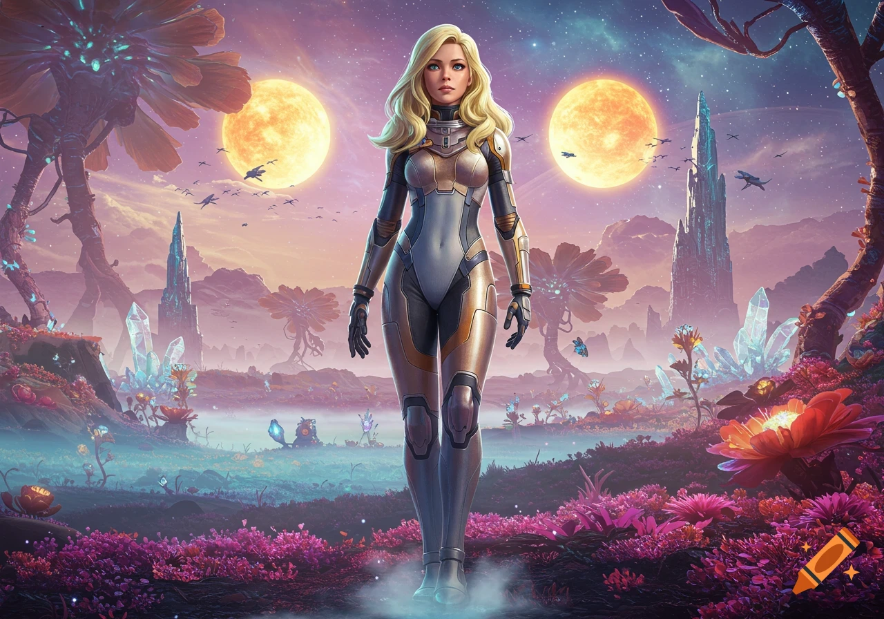 A blonde woman in a futuristic gold and grey suit stands on a vibrant alien planet under two suns.