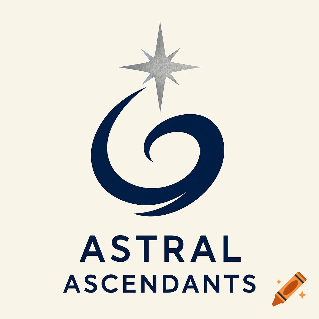 A minimal logo featuring a dark blue swirl topped by a silver star, with the text "ASTRAL ASCENDANTS" below, all on a light cream background.