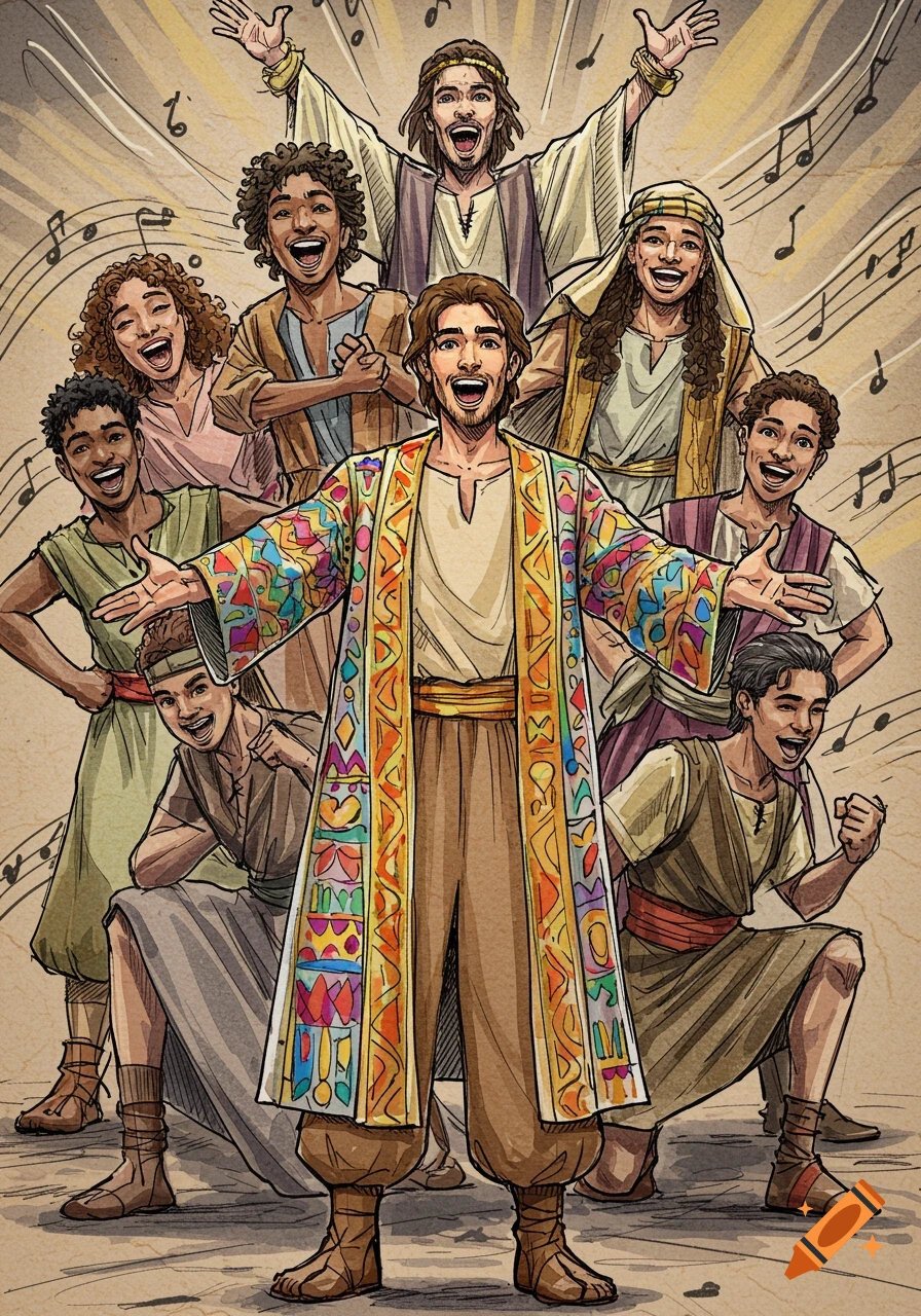 A vibrant sketch illustration of a diverse cast singing, with musical notes in the background.