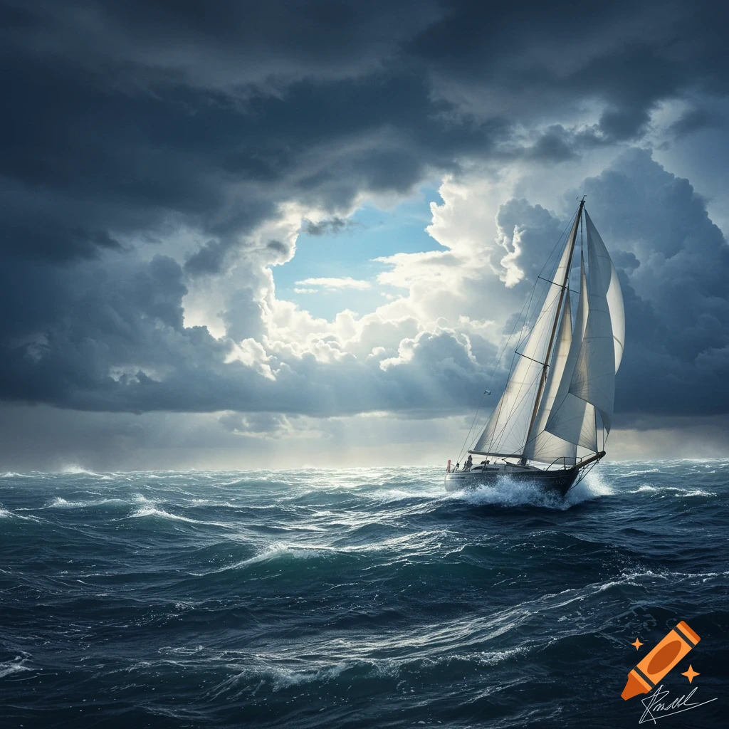 A sailboat navigates dark, choppy waves under a dramatic stormy sky with a patch of sunlight.