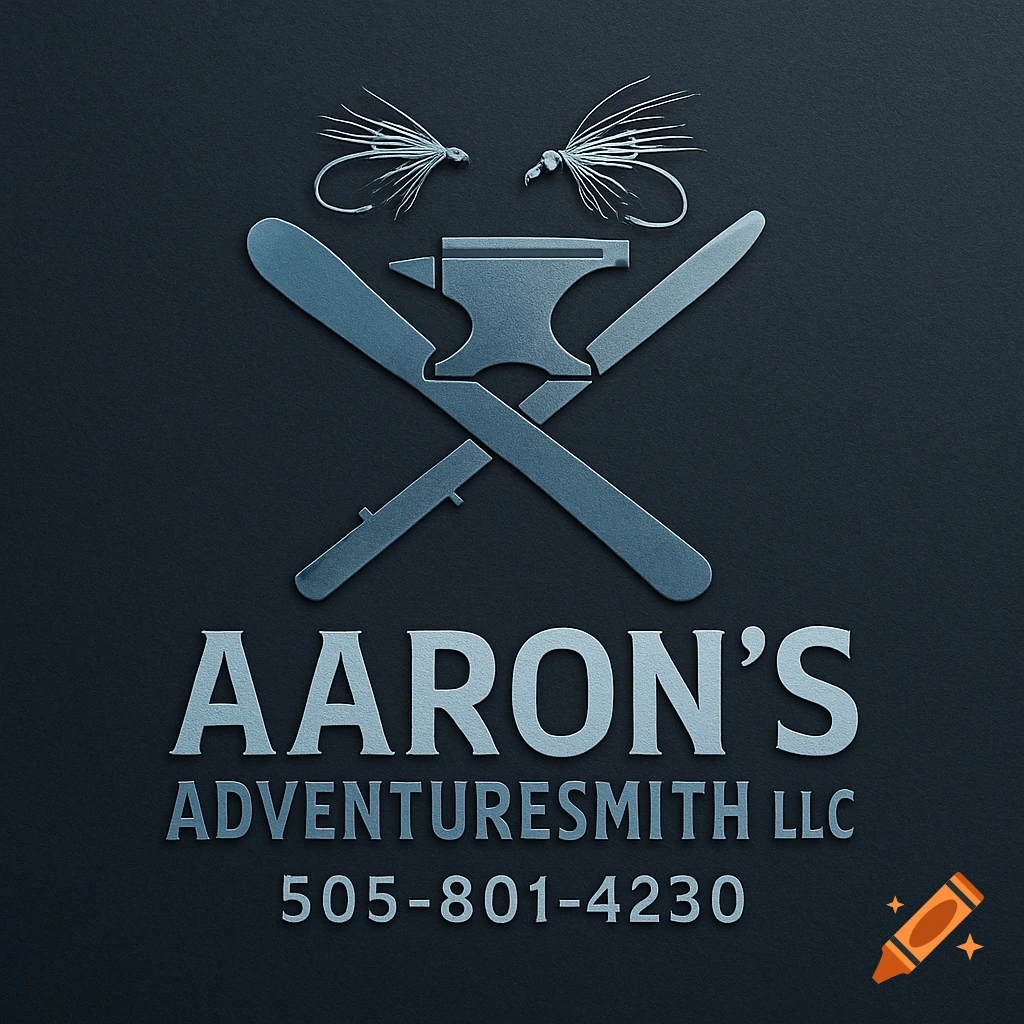 Metallic logo for Aaron's Adventuresmith LLC on a dark background, featuring an anvil, crossed tools, and two fishing flies, with text "AARON'S ADVENTURESMITH LLC 505-801-4230".