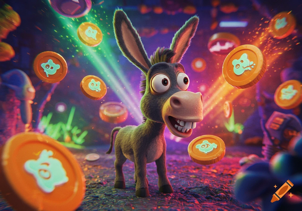 A happy, cartoon donkey stands amidst glowing orange coins and colorful light rays in a vibrant digital art style.