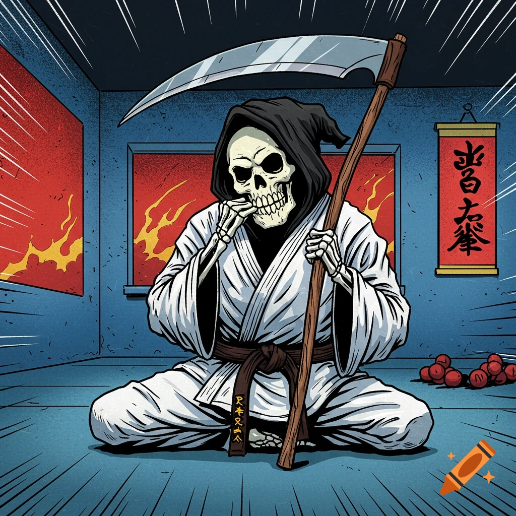 A comic book style grim reaper in a white karate uniform with a brown belt sits in a dojo, holding a scythe and something to its mouth.