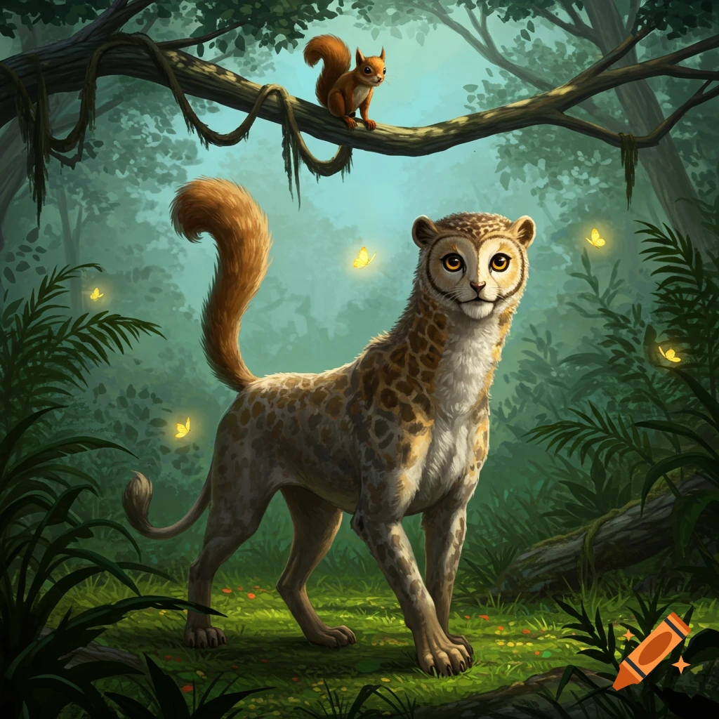 A fantasy creature with an owl head, spotted cheetah body, and bushy squirrel tail stands in a lush forest with glowing butterflies and a squirrel on a branch.