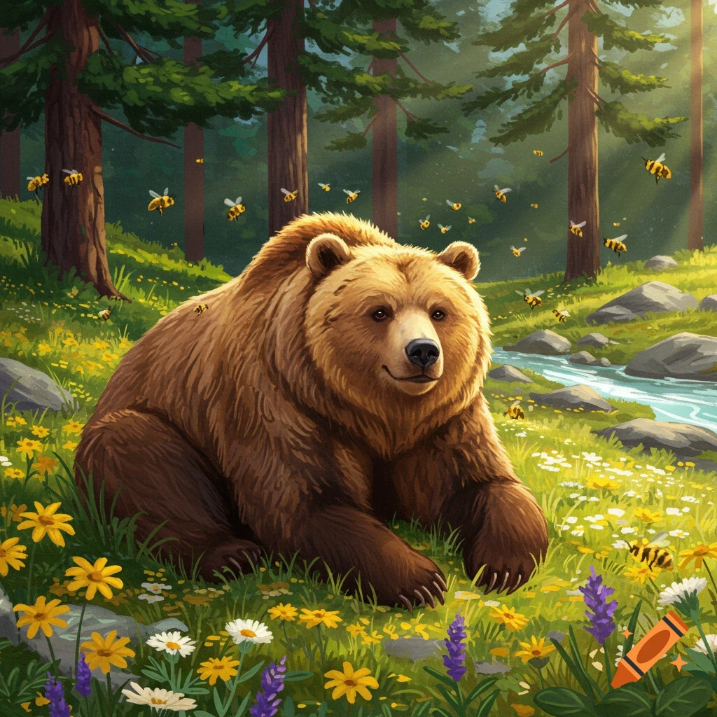 A brown bear sits in a sunny forest clearing filled with yellow and white wildflowers, with bees flying around, and a stream flowing nearby.