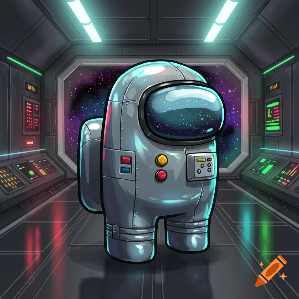 A metallic Among Us character stands inside a spaceship, looking out at a starry purple nebula.