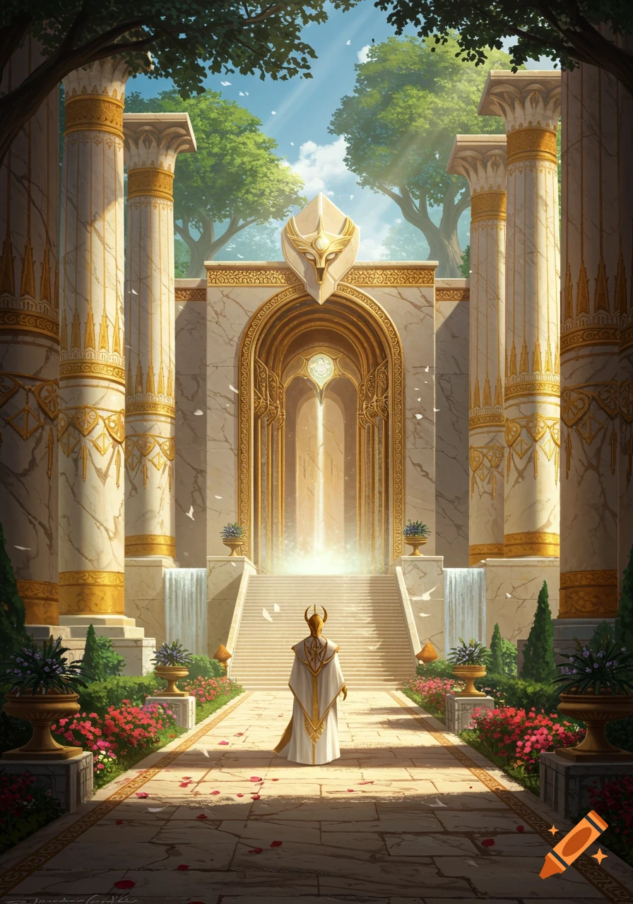 A robed figure stands before a grand, ornate temple entrance with large columns, bathed in sunlight, surrounded by lush gardens.