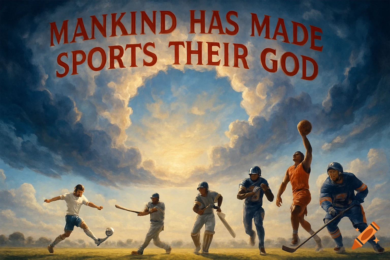 A painting depicts various athletes playing sports under a dramatic sky with the text 'MANKIND HAS MADE SPORTS THEIR GOD' arched above.