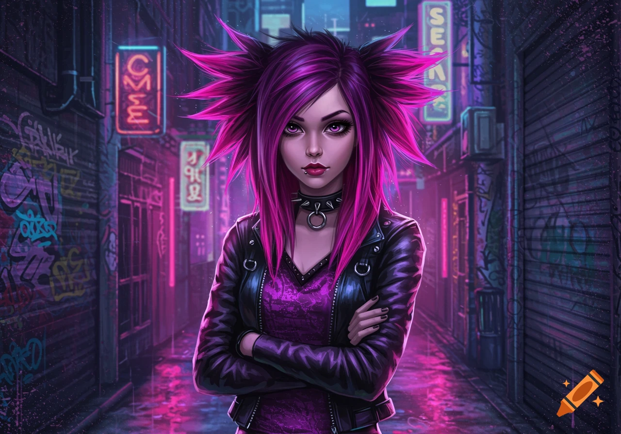 A stylized portrait of a young woman with spiky pink hair, purple eyes, a choker, and a black leather jacket, standing in a neon-lit urban alley at night.