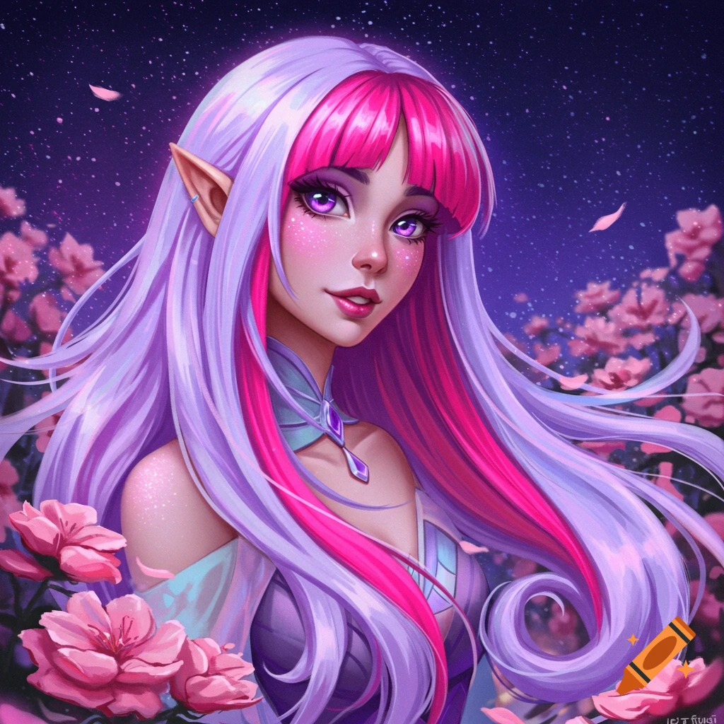 A vibrant fantasy portrait of an elf-like woman with long lavender and pink hair and purple eyes, surrounded by pink flowers under a starry night sky.